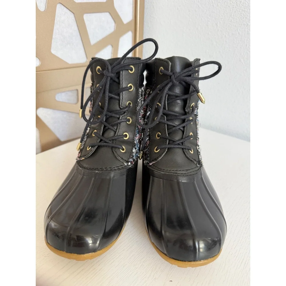 Sam Edelman Black Tweed Duck Boots Lace Up Rain Ankle Booties Gold Caldwell 6